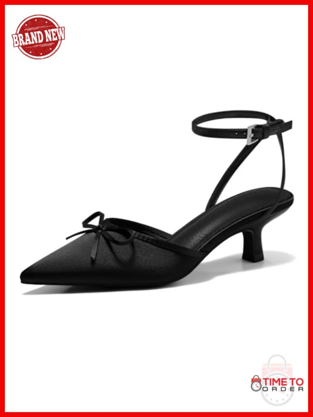 Satin Kitten Low Heels Pointed Toe Bow Ankle Strap Dress Wedding Party Pumps